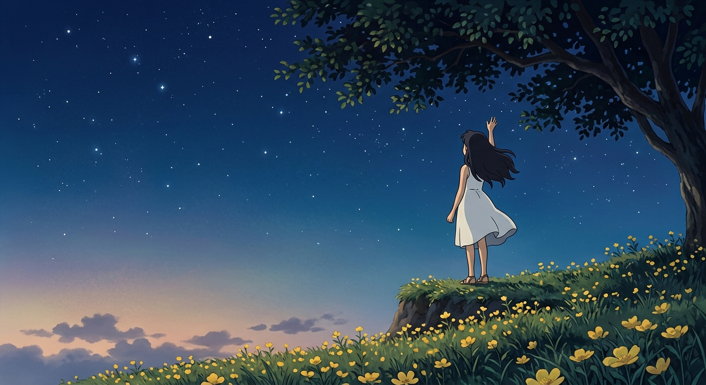 Figura cuidando un faro de estrellas en el viento (estilo Ghibli)
